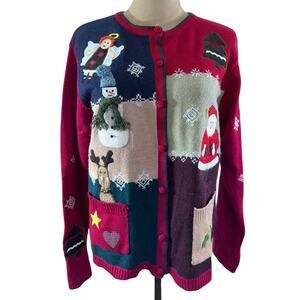 "KAREN SCOTT" Christmas Sweater,Button Up,3-d Embellishments,Embroidered,Snowman